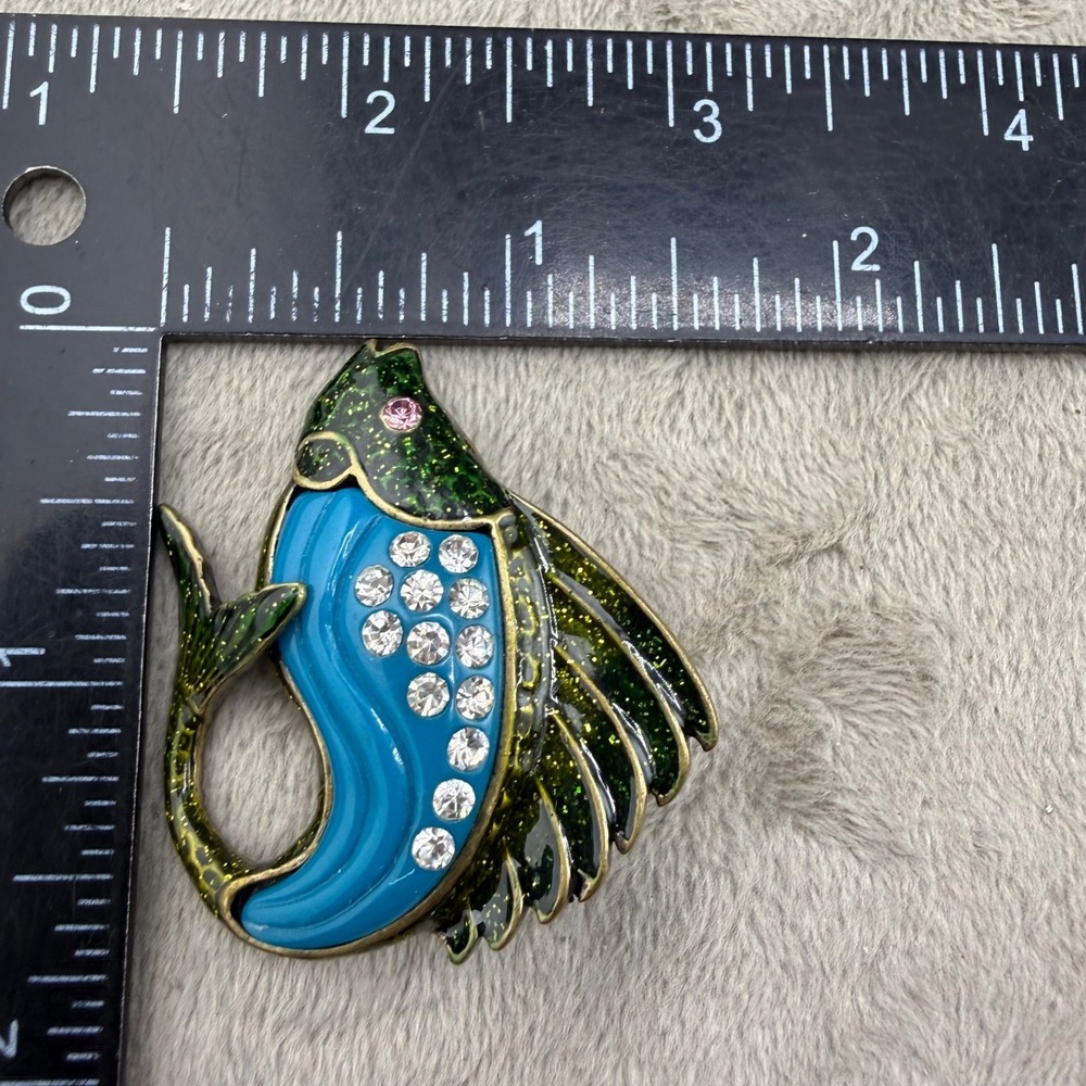 Vintage Fish Brooch Gold Tone Enamel Rhinestone Blue‎ Green - Picture 10 of 11